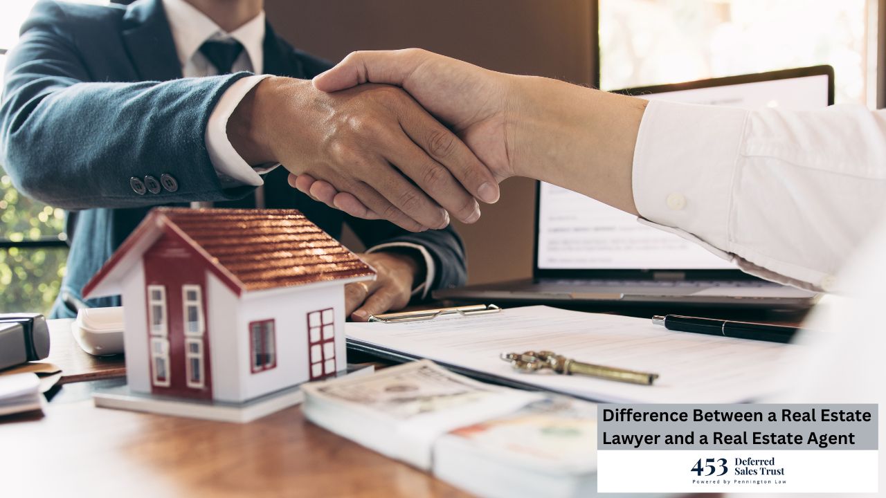 The picture illustrates a real estate deal being finalized with a handshake, documents, money, and a model house present.