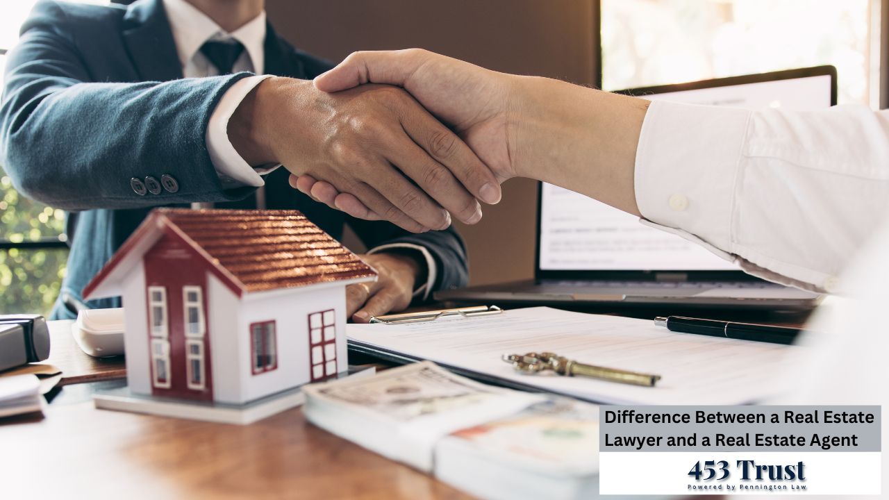 The picture illustrates a real estate deal being finalized with a handshake, documents, money, and a model house present.