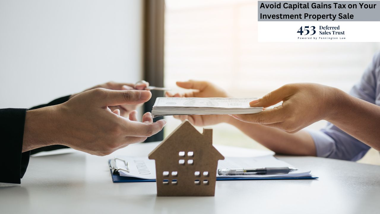 A real estate transaction is depicted, with one person handing over a stack of money to another person in exchange for a property represented by a small wooden house model.