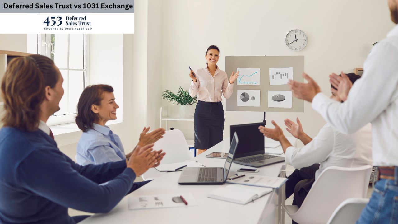A businesswoman confidently delivers a presentation to a captivated audience, who applaud her insightful financial data.