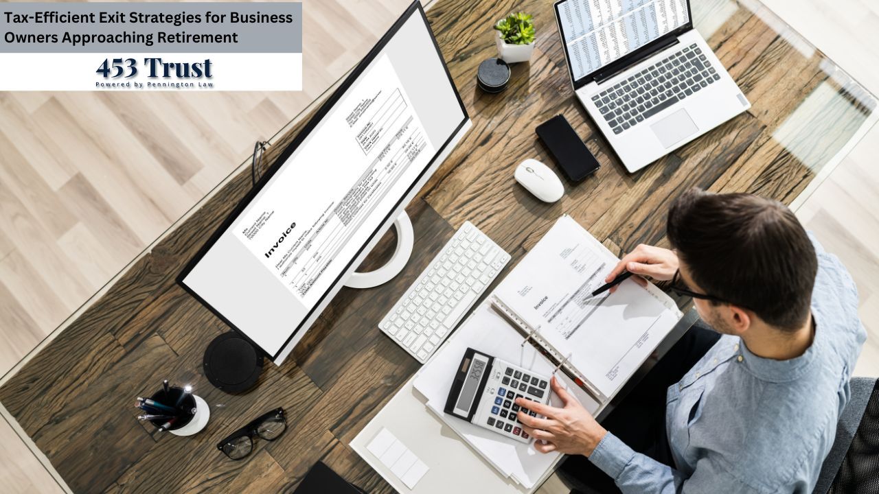 The image depicts a person engaging with a calculator, likely calculating figures related to tax-efficient exit strategies for business owners nearing retirement. The setting appears to be indoors, possibly at a desk, where the individual is also using a laptop.