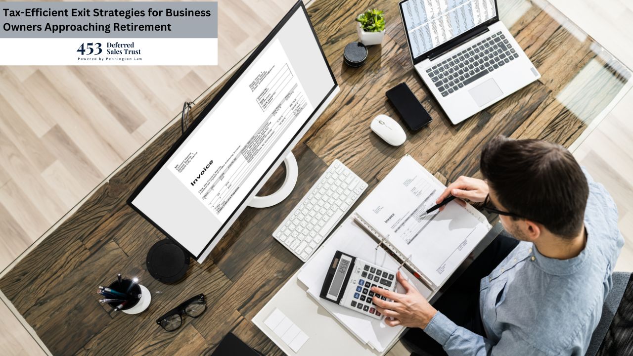 The image depicts a person engaging with a calculator, likely calculating figures related to tax-efficient exit strategies for business owners nearing retirement. The setting appears to be indoors, possibly at a desk, where the individual is also using a laptop.