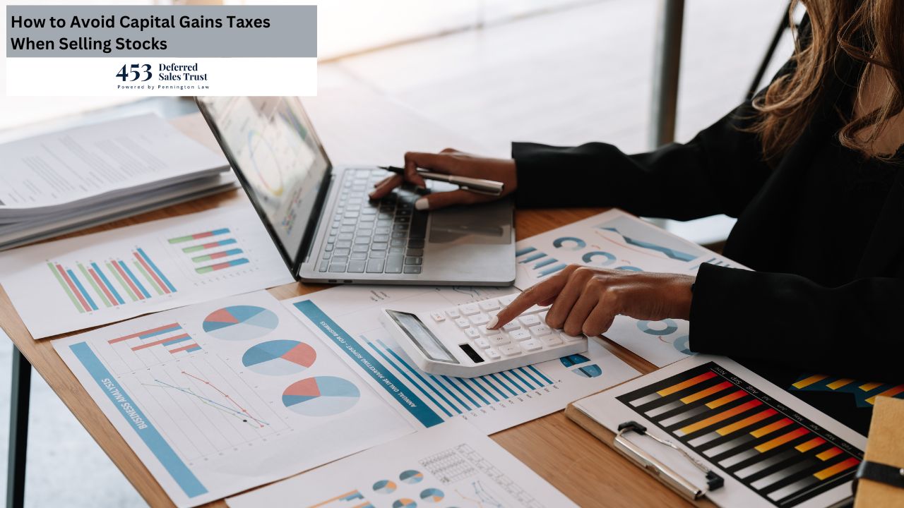 A businesswoman is reviewing financial data on her laptop and calculator, likely strategizing on how to avoid capital gains taxes when selling stocks.