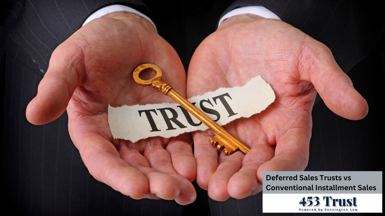 A pair of hands gently cradles a golden key resting on a torn piece of paper inscribed with the word "TRUST," symbolizing the importance of trust in financial matters, specifically in the context of deferred sales trusts versus conventional installment sales.