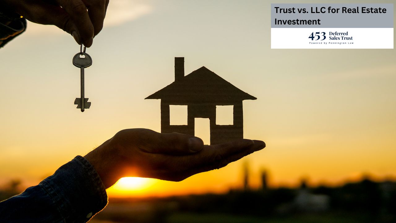 The image depicts the handing over of a house key and a cardboard cutout of a house, symbolizing real estate ownership or investment.