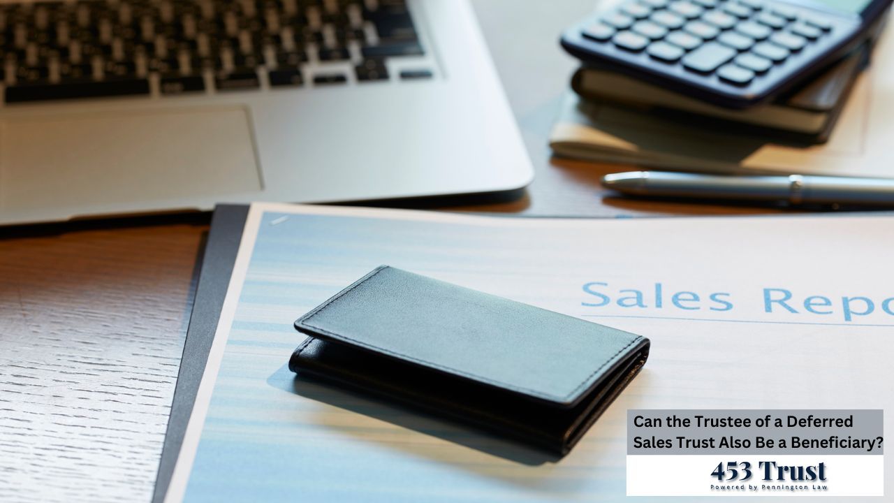 A close-up shot depicts a business setting with a black wallet resting on a sales report, near a laptop, calculator, and pen, suggesting financial matters are being addressed.