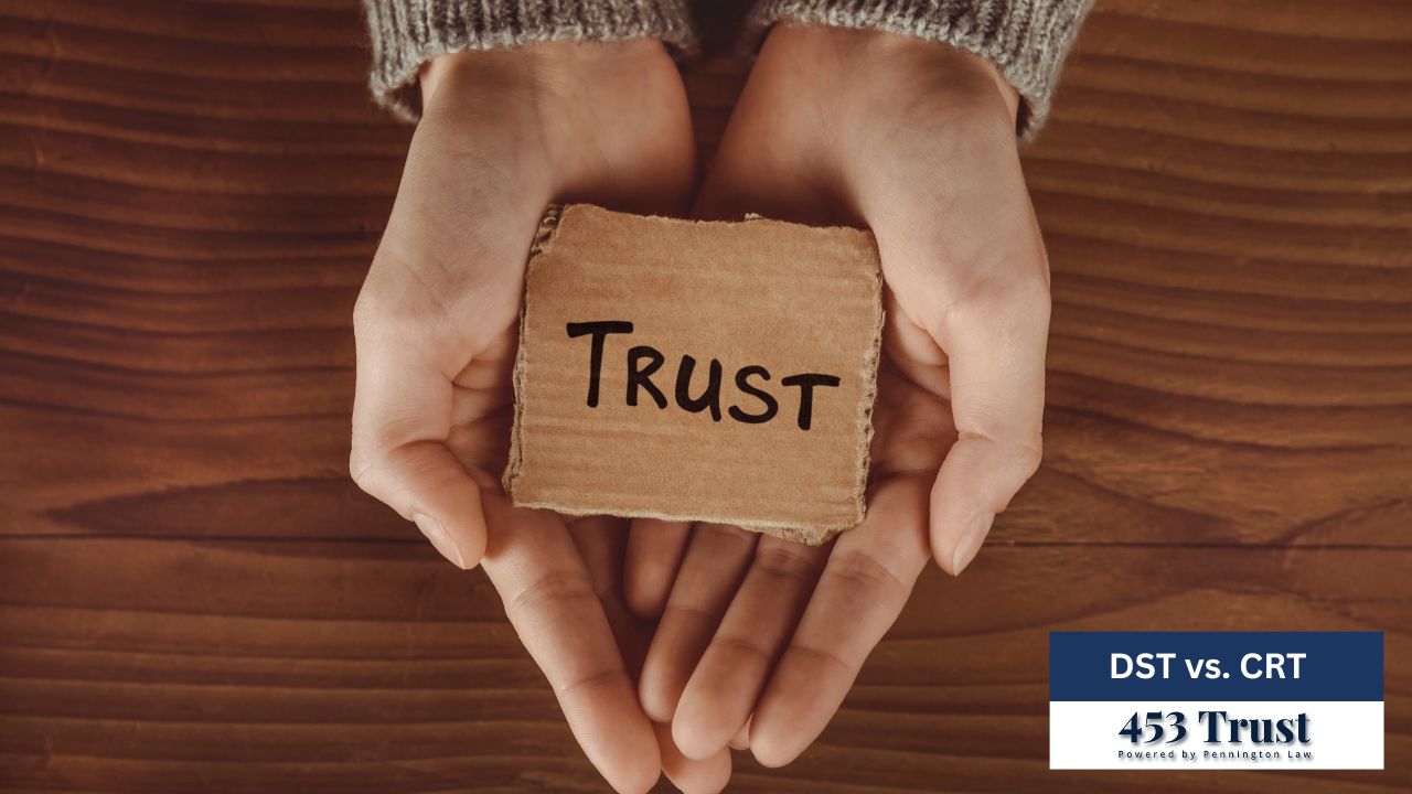 The image conveys the concept of trust, represented by a hand-held sign, within the context of DST vs. CRT, and 453 Trust.